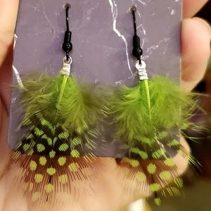 Grass green & black feather drop handmade earrings. $Firm.